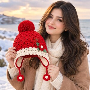 May include: A bright red crocheted winter hat featuring a large red pom-pom on top, a cream-colored scalloped brim, and two dangling ear flaps with small flower-shaped accents. A decorative red and cream flower with green leaves is attached.