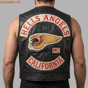 Könnte beinhalten: Eine schwarze Lederweste mit einem großen gestickten Aufnäher auf der Rückseite. Der Aufnäher zeigt den Schriftzug HELLS ANGELS in Rot auf cremefarbenem Grund, ein geflügeltes Totenkopf-Emblem in der Mitte, die Buchstaben MC und CALIFORNIA.
