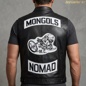Mongols MC Nomad Leather Vest | Outlaw Biker Cut with Embroidered Back Patches | Motorcycle Club Black Leather Riding Waistcoat