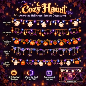 Decoraciones acogedoras para transmisiones de Halloween, 5 superposiciones de guirnaldas animadas para OBS y Streamlabs, paquete WEBM de fantasmas, murciélagos, calabazas y arañas.