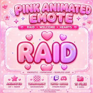 Może przedstawiać: Cyfrowa grafika z napisem PINK ANIMATED EMOTE oraz RAID w stylu błyszczących, wypukłych liter z różowo-fioletowymi gradientami. Projekt zawiera ikony serc, gwiazdki oraz etykiety tekstowe dla zasobów gotowych do streamingu w formatach GIF i WEBM.