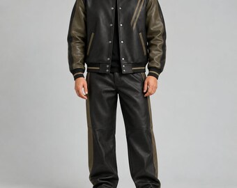 Men’s Leather Varsity Jacket and Baggy Pants Set, Two Piece Outfit, Olive Black Streetwear