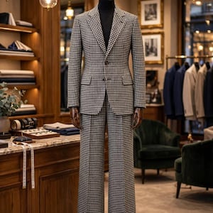 May include: A two-piece suit featuring a black and white houndstooth pattern. The suit consists of a single-breasted blazer with notched lapels and two front buttons, paired with matching wide-leg trousers. The ensemble is displayed on a mannequin.