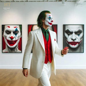 May include: A figure with green hair and white face paint with red and blue accents, wearing a white blazer, a red waistcoat, and a green collared shirt. The figure holds a small red card, standing before two framed portraits of a similar clown-like face.