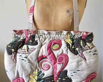 Vintage Up-Cycled Barkcloth Shoulder Bag - "Let's Go Away This Weekend!"