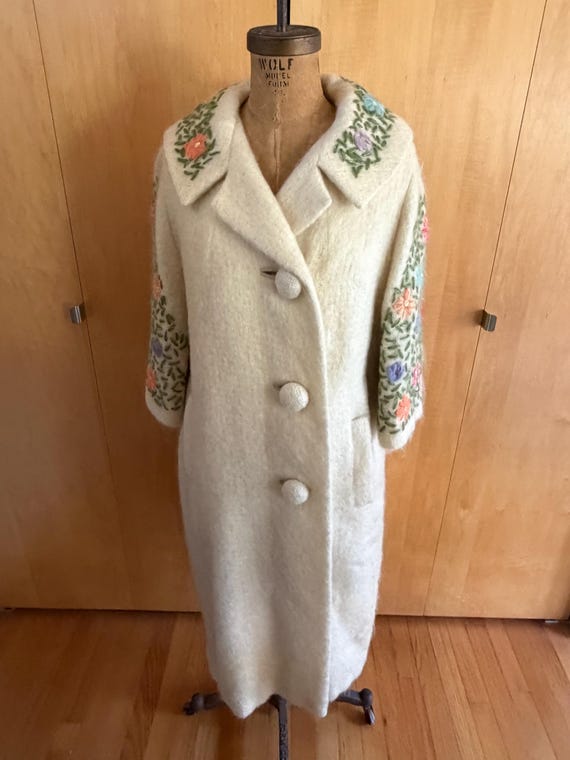 1950s Bataldi New York Mohair Wool Coat, Embroidered Floral Collar