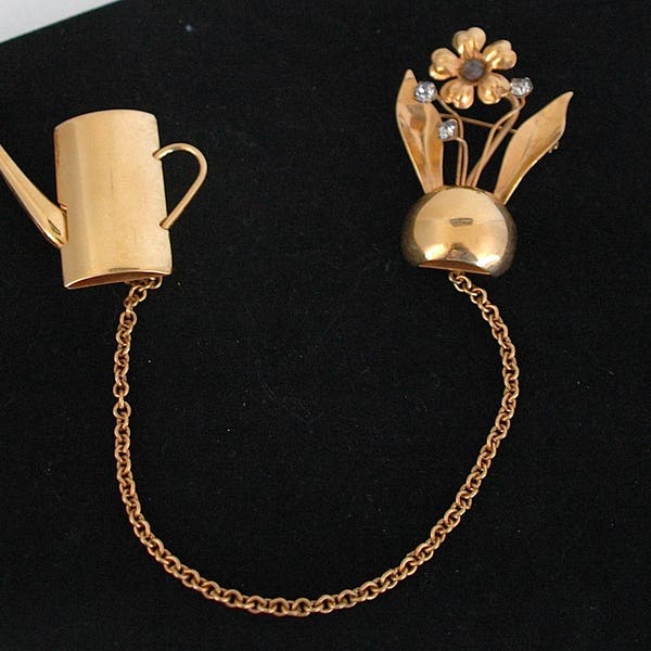 Vintage Double Brooch -  Sweater Guard Chatelaine - "Watering the Golden Flowers" - RESERVED, Please do not purchase.