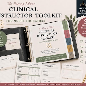 May include: A black three-ring binder containing the Clinical Instructor Toolkit for Nurse Educators, featuring 23 practical resources, tabbed dividers, and printed planning sheets including a Clinical Day Planner and Medication Administration Observation.