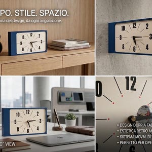 Puede incluir: Un reloj de pared rectangular de doble cara con marco azul y esfera color crema con números y manecillas negras. El reloj muestra el texto TEMPO. STILE. SPAZIO. Un'icona del design, da ogni angolazione. DESIGN DOPPIA FACCIA.