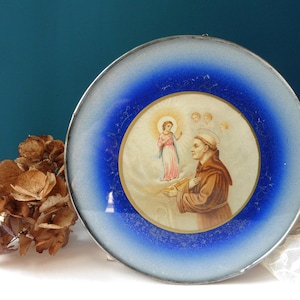 Rare Antique French Round Frame Vocable Blue Glass St Anthony of Padua Jesus Child, Ex-voto, Religious, Catholic, Reliquary, Icon, Medallion
