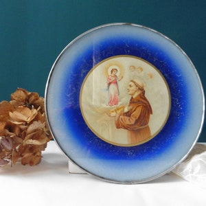 Rare Antique French Round Frame Vocable Blue Glass St Anthony of Padua Jesus Child, Ex-voto, Religious, Catholic, Reliquary, Icon, Medallion
