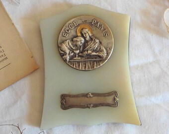 Antique French Onyx Frame Religious Plaque Jesus Ecce Panis, Religious Icon, Catholic Gift, Religious Gift, Jessus Medal, Eucharist Christ