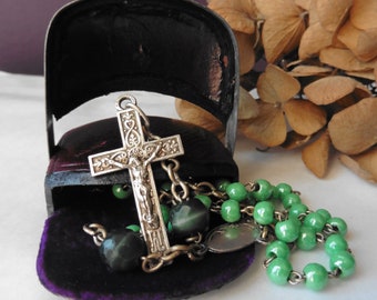 Antique French Art Nouveau Green Agate or Stone Glass Silver Rosary, Virgin, Mary, Jesus, Catholic, Religious, Crucifix, Cross, Christ, Lys