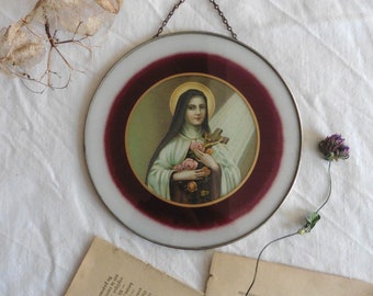 Antique French Religious Frame Glass Vocable St Thérèse of Lisieux V2, Teresa, Ex-voto, Catholic, Icon, Medallion, Madonna, Pious, devotion