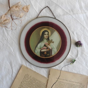 Antique French Religious Frame Glass Vocable St Thérèse of Lisieux V2, Teresa, Ex-voto, Catholic, Icon, Medallion, Madonna, Pious, devotion