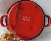 Ancient Small French Round Red Enamel Stove Plate, enamelled, Pan, Casserole, France, Service, Tableware, Kitchen, Rustic, Vintage, Country