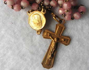 Antique French Catholic Crucifix Pink Glass Chapelet Rosary, Virgin, Jesus, Christ, Mary, Religious, Cross, chaplet, Communion, Baptism