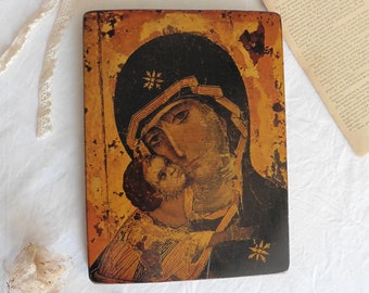 Vintage Wood Print Virgin of Vladimir plaque II, Madonna, Orthodox Icon, Saint, Religious Art, Mary, Religious Painting, Orthodox Art, Icon