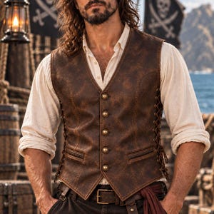 May include: A brown distressed leather waistcoat featuring a V-neckline, five round brass-toned buttons, and side lacing details. The waistcoat is worn over a cream-coloured long-sleeved shirt with rolled cuffs, paired with dark trousers and a leather belt.