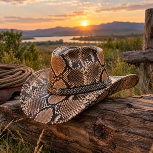 May include: A cowboy hat featuring a brown and black snakeskin pattern throughout the crown and brim. The hat is accented with a dark, braided leather band that includes metallic, diamond-shaped silver hardware details around the base.
