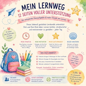 Peut inclure: Une ressource éducative numérique intitulée MEIN LERNWEG comprenant 12 pages de soutien scolaire. Le graphique présente des illustrations à l'aquarelle d'un sac à dos bleu, de crayons de couleur, de livres, d'une horloge, d'un cerveau et d'étoiles.