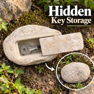 May include: A beige, rock-shaped container with a sliding lid that reveals a hollow interior holding a silver metal key. The text "Hidden Key Storage" is printed above the object, and an inset circle shows the rock in its closed state.