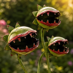 Può includere: Tre sculture in metallo di piante carnivore con teste arrotondate verdi e labbra rosse frastagliate con denti appuntiti. Ogni pianta è montata su un sottile stelo di metallo verde, creando un gruppo di tre figure a bocca aperta.