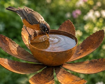 Iron Flower Garden Stake Bird Feeder – Rustic Metal Bird Bath for Outdoor Lawn Display.