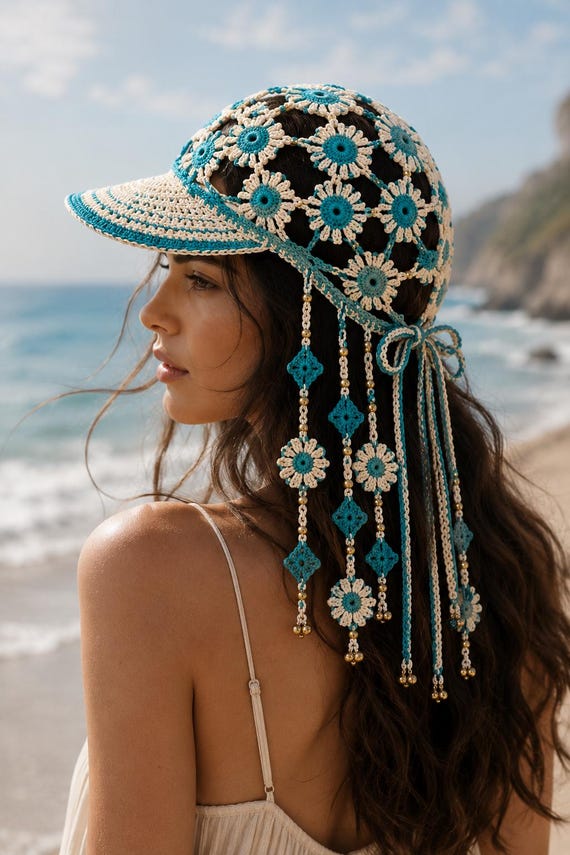 Crochet Cap Pattern, Boho Beaded Fringe Hat PDF, Beginner Festival Flower Newsboy Sun Hat