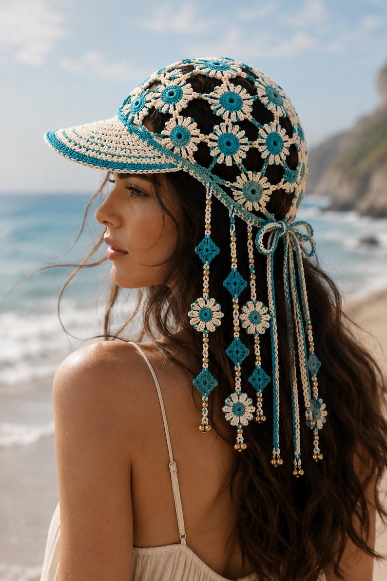 May include: A crochet baseball cap featuring a floral pattern in cream and turquoise yarn. The cap includes dangling side panels with alternating flower and diamond motifs, gold-toned beads, and long braided ties that secure at the back with a bow.