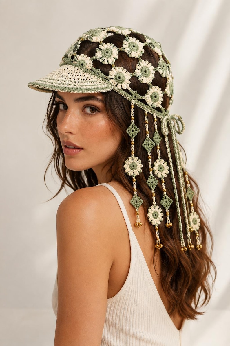 May include: A crochet cap featuring a sage green and cream daisy flower pattern with a solid brim. The back of the cap includes long, dangling crochet ties adorned with small green diamond shapes, additional daisy motifs, and metallic gold beads.