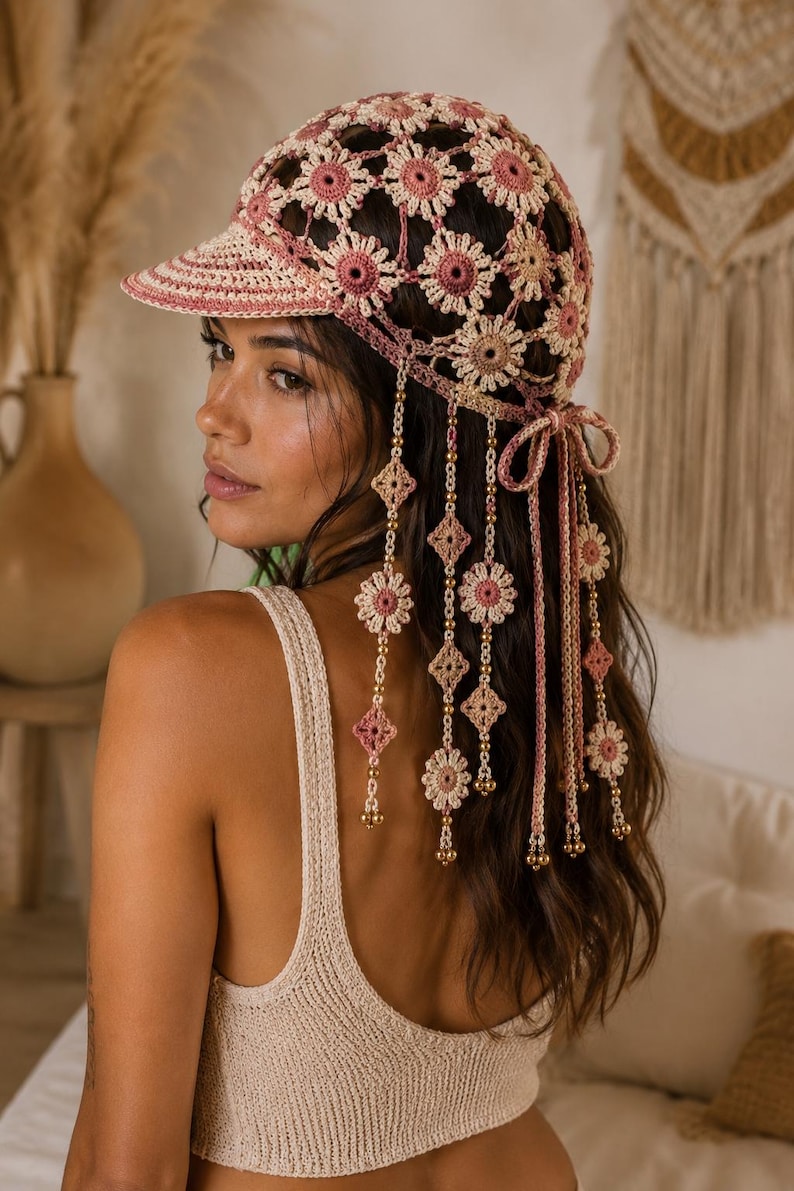 May include: A crochet baseball cap crafted from interconnected pink and cream floral motifs. The cap features a stiffened brim and long, dangling side panels adorned with additional flower shapes, geometric crochet accents, and small metallic beads.