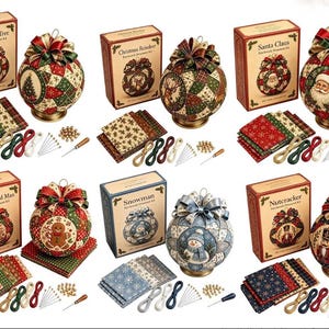 May include: Six patchwork ornament kits featuring Christmas themes including a tree, reindeer, Santa Claus, gingerbread man, snowman, and nutcracker. Each kit includes a box, fabric squares, ribbon, pins, and a tool to create a round ornament.
