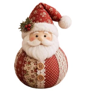 May include: A round fabric Santa Claus figurine featuring a red hat with a white pom-pom and floral pattern. The figure has a white plush beard, a soft face, and a body made of alternating red polka dot and floral fabric panels with two wooden buttons.