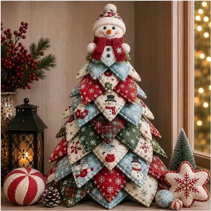 May include: A fabric Christmas tree decoration constructed from layered, triangular quilted patches featuring red, green, and blue patterns with snowflake motifs and snowman illustrations, topped with a plush snowman wearing a red scarf.