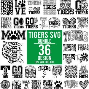 Puede incluir: Una colección digital de 36 diseños gráficos en blanco y negro con la palabra Tigers, caras de tigre, huellas, balones de fútbol americano y pelotas de béisbol. El cuadrado verde central muestra el texto TIGERS SVG BUNDLE 36 DESIGN EPS-SVG-PNG-DXF.