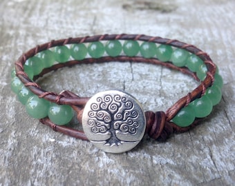 green aventurine heart chakra beaded leather wrap bracelet unisex for guys and girls handmade