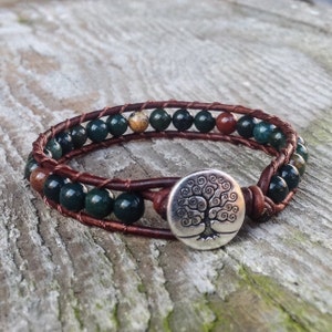 handmade indian Bloodstone bracelet green beaded leather wrap with tree heart root and sacral chakra unisex for men and women