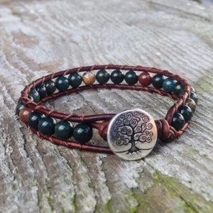 handmade indian Bloodstone bracelet green beaded leather wrap with tree heart root and sacral chakra unisex for men and women image 1