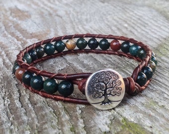 handmade indian Bloodstone bracelet green beaded leather wrap with tree heart root and sacral chakra unisex for men and women