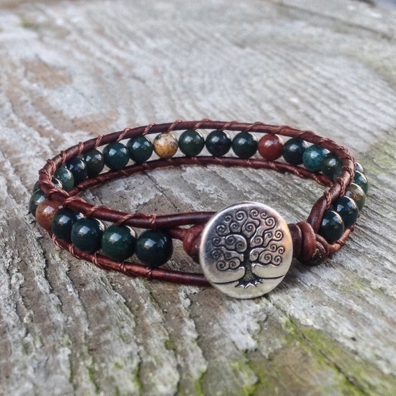handmade indian Bloodstone bracelet green beaded leather wrap with tree heart root and sacral chakra unisex for men and women