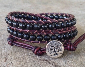 black tourmaline leather bracelet for root chakra unisex for men and women tree of life triple strand october birthday birthstone handmade