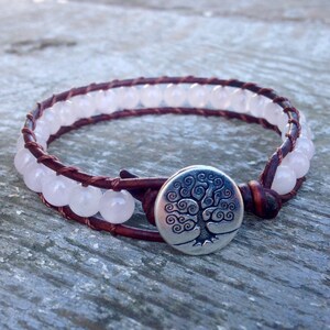 pink rose quartz beaded leather wrap bracelet with tree of life heart chakra for women and girls handmade image 4
