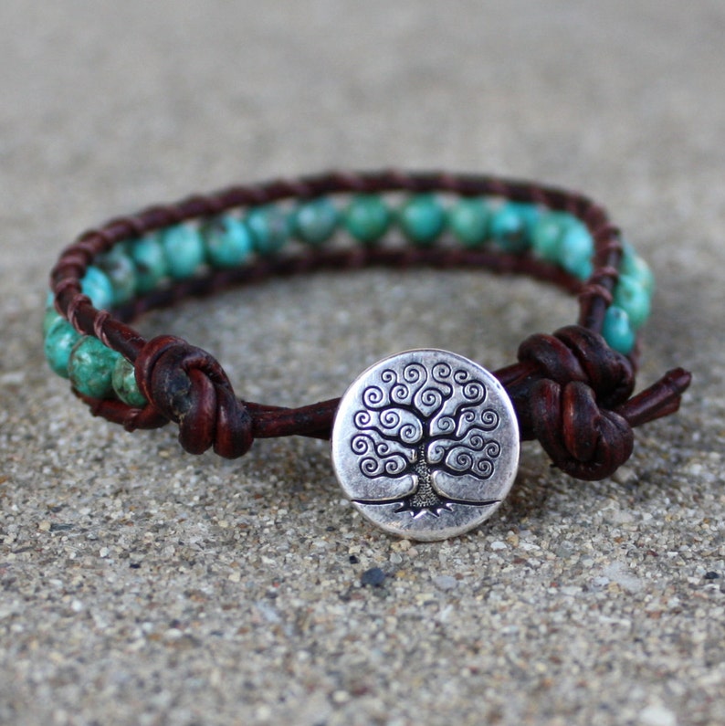 turquoise leather bracelet tree throat chakra unisex for guys and girls image 1