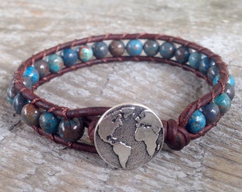 globe world blue sky jasper beaded leather wrap bracelet travel earth compass aqua handmade