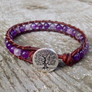 Lila Amethyst Lederarmband für Stirnchakra oder Stirnchakra unisex für Männer und Frauen stapelbare Edelsteinperlen handgefertigt