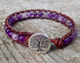 purple amethyst leather wrap bracelet for crown or third eye chakra unisex for men and women stacking gemstone beads handmade