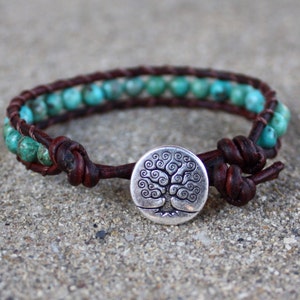 turquoise leather bracelet tree throat chakra unisex for guys and girls image 2