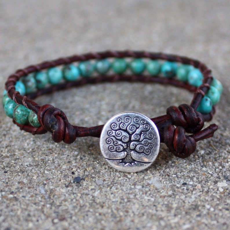 turquoise leather bracelet tree throat chakra unisex for guys and girls image 2