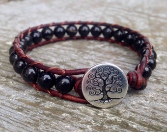 black tourmaline beaded leather wrap bracelet handmade for root chakra unisex for men and women october birthstone birthday
